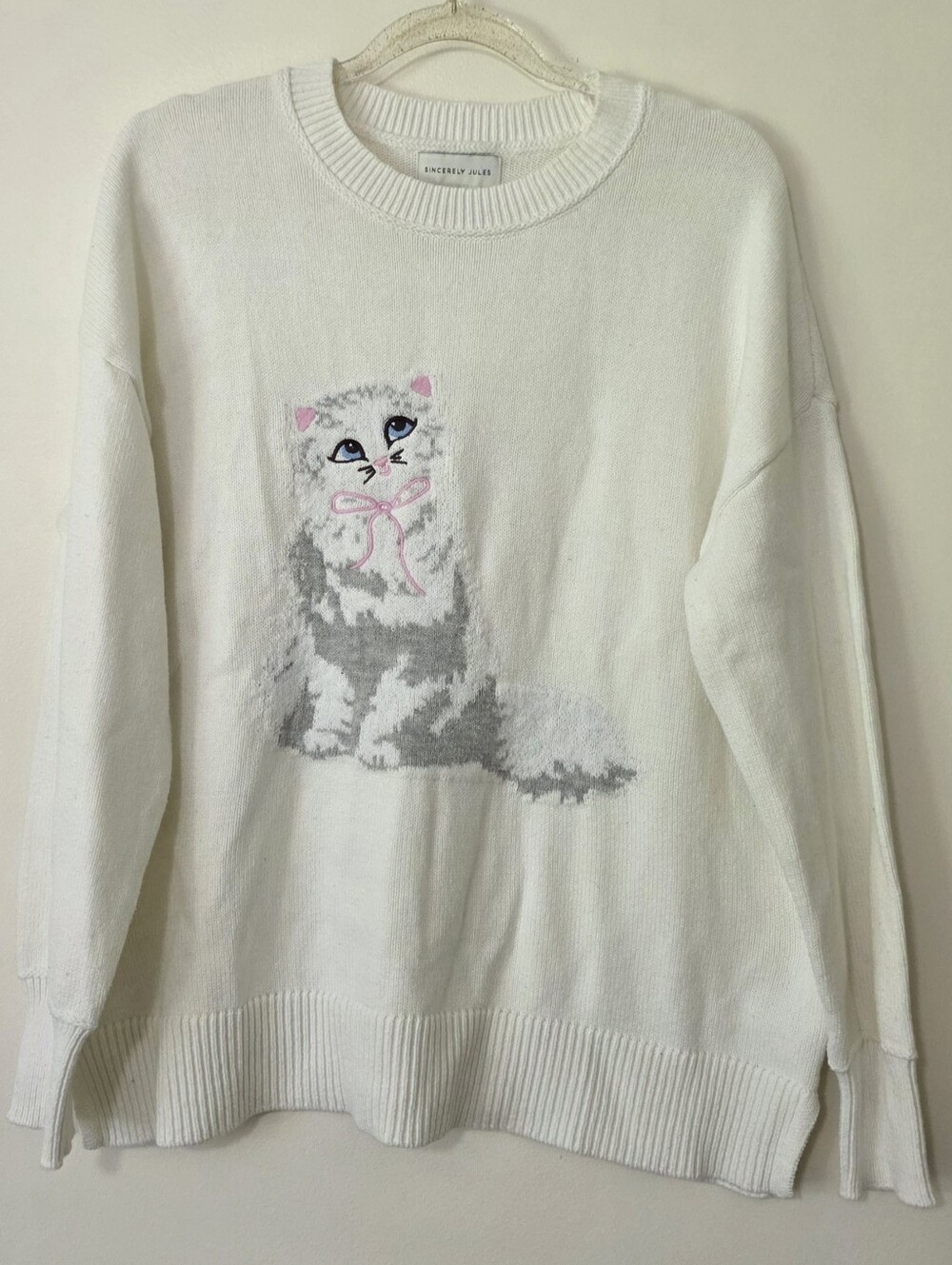 Sincerely Jules Fluffy Cat Sweater Pink Bow Cutecore Soft Girl Whimsical Medium